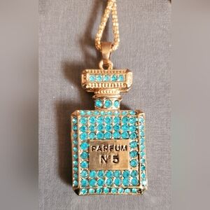 Gold-Tone Parfum No.5 Style Pendant Necklace with Turquoise Stones